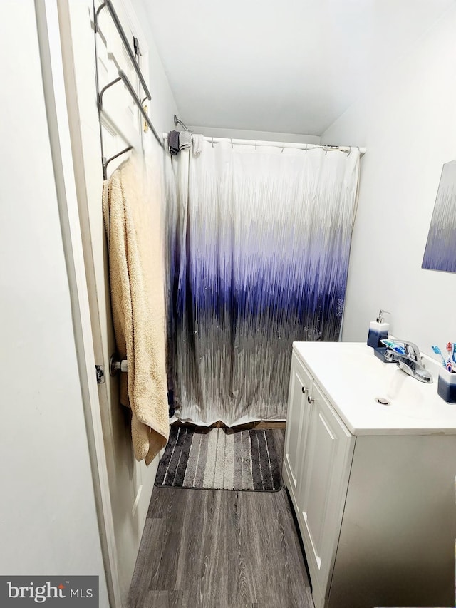 bathroom featuring vanity and hardwood / wood-style floors