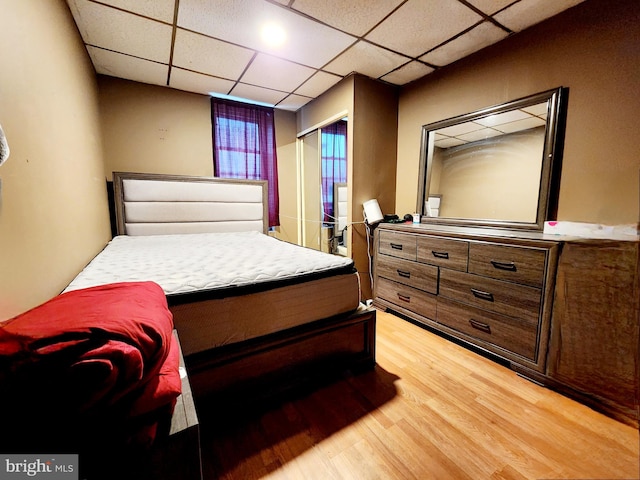 bedroom with wood-type flooring and a paneled ceiling