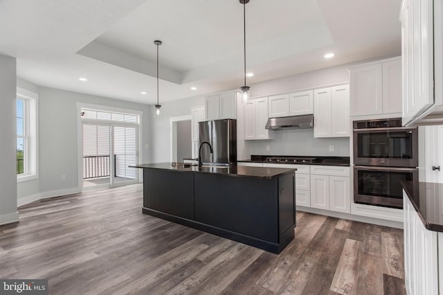 kitchen featuring white cabinetry, a tray ceiling, appliances with stainless steel finishes, and a center island with sink