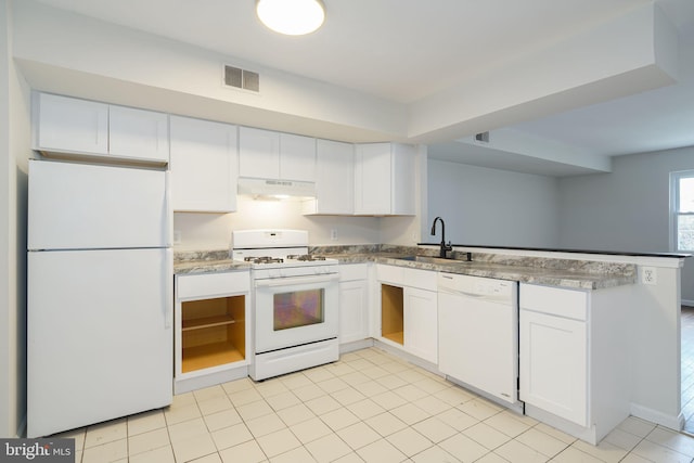 kitchen featuring white appliances, sink, kitchen peninsula, and white cabinets