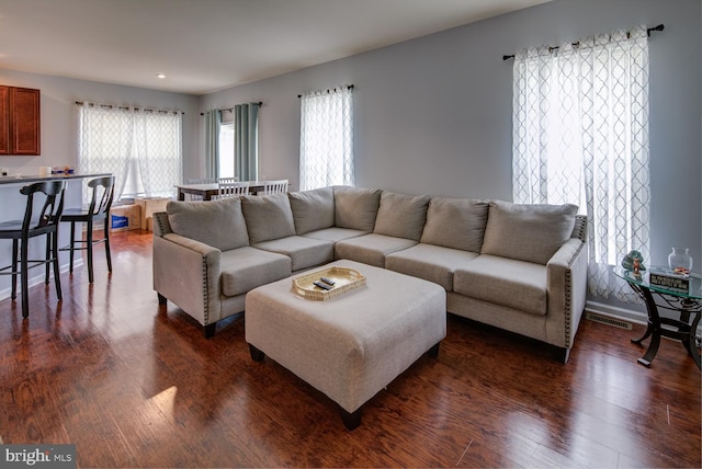 living room with dark wood-type flooring