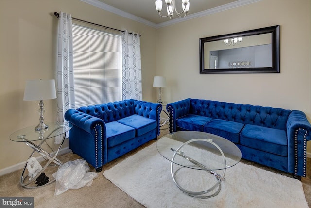 carpeted living room with a chandelier and ornamental molding