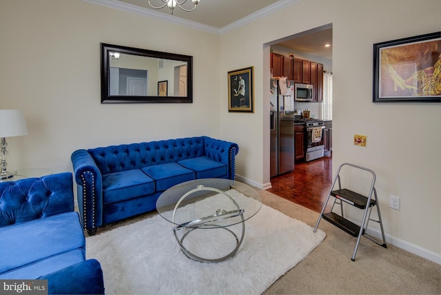 living room with light hardwood / wood-style floors and crown molding