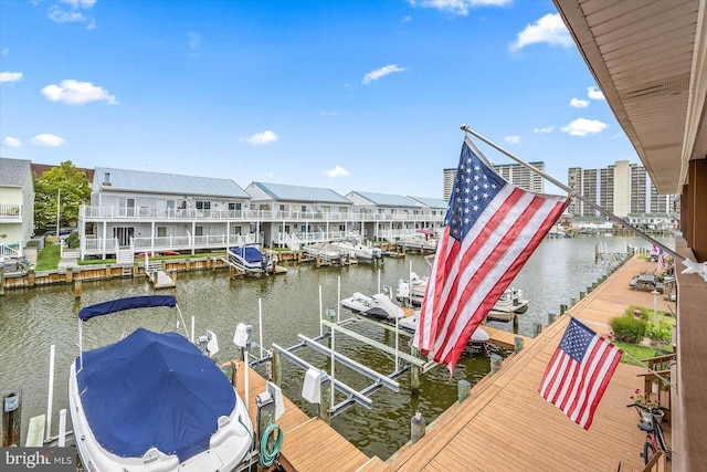 view of dock with a water view