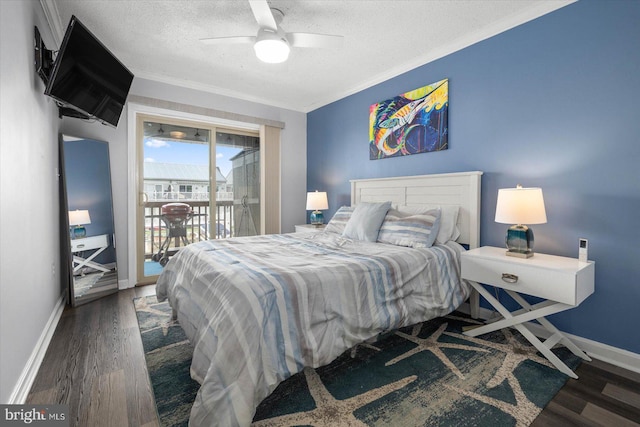 bedroom featuring dark wood-type flooring, ceiling fan, access to exterior, ornamental molding, and a textured ceiling