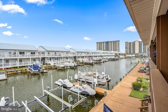 dock area with a water view