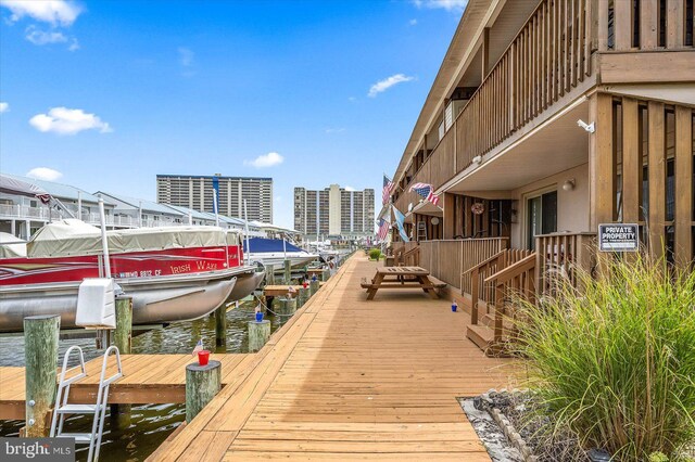 dock area with a water view