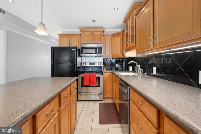 kitchen featuring sink, light tile patterned floors, ornamental molding, stainless steel appliances, and decorative backsplash