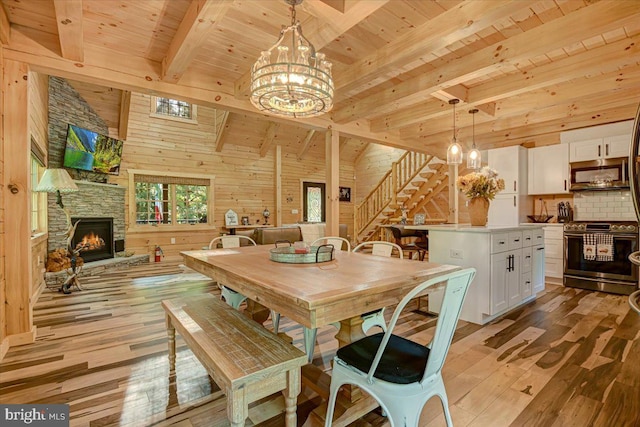 dining area featuring wooden walls, a fireplace, light wood-type flooring, beam ceiling, and wooden ceiling