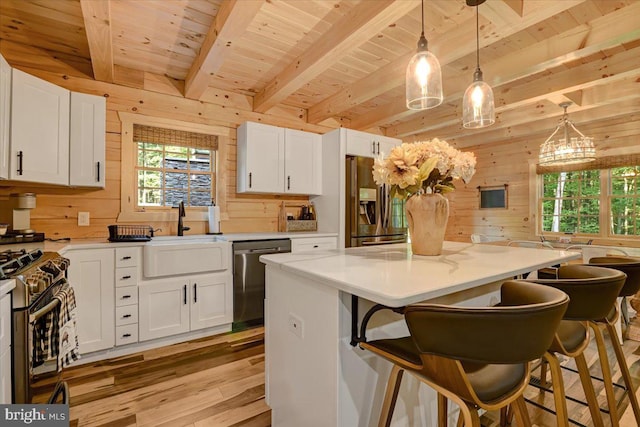 kitchen with stainless steel appliances, decorative light fixtures, wooden walls, and plenty of natural light