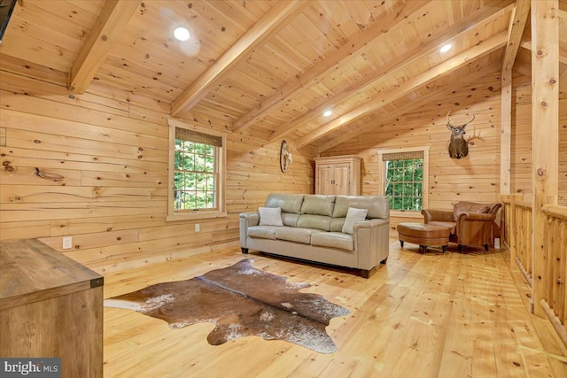 living room featuring wood ceiling, wooden walls, light hardwood / wood-style flooring, and vaulted ceiling with beams