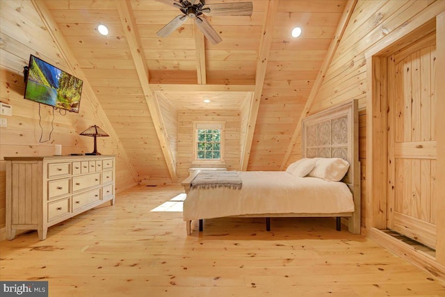 bedroom with wood ceiling, light hardwood / wood-style flooring, and wooden walls