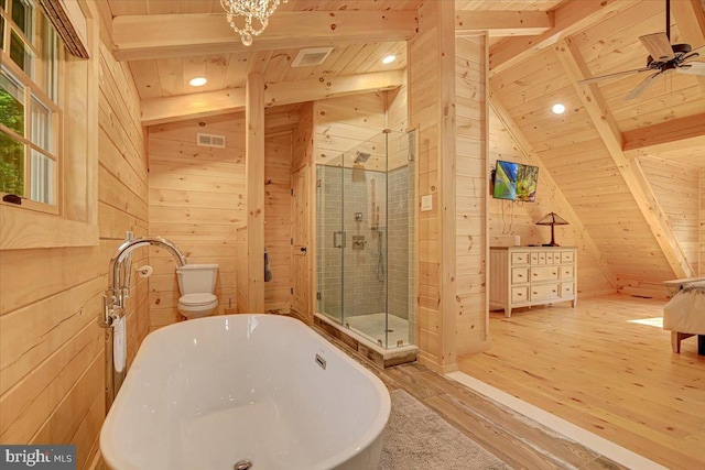 bathroom with vaulted ceiling with beams, wood walls, toilet, wood ceiling, and hardwood / wood-style flooring