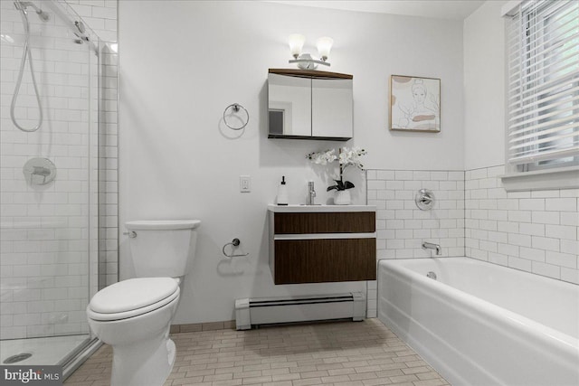 full bathroom featuring vanity, a baseboard heating unit, independent shower and bath, and toilet