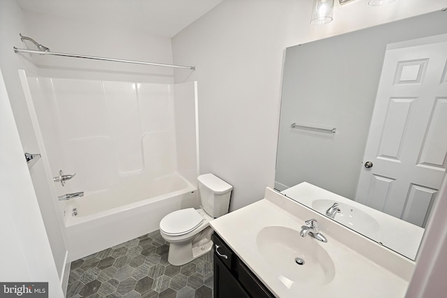 full bathroom with tile patterned floors,  shower combination, toilet, and vanity