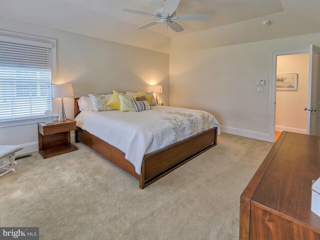 bedroom with a raised ceiling, light colored carpet, and ceiling fan