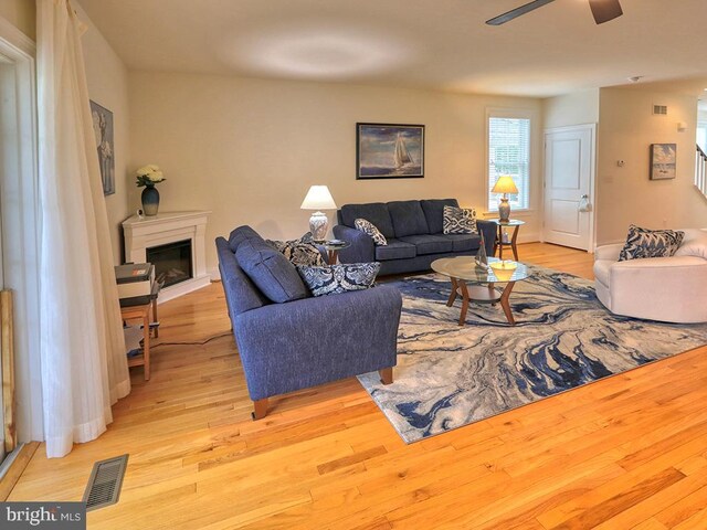 living room with ceiling fan and light hardwood / wood-style floors