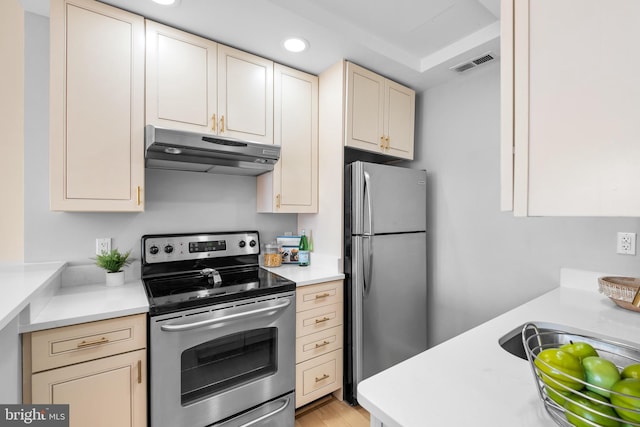 kitchen featuring visible vents, appliances with stainless steel finishes, light countertops, cream cabinetry, and under cabinet range hood