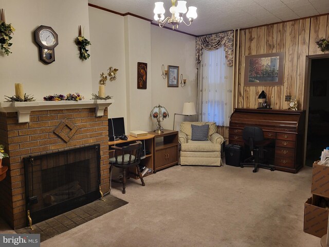 interior space with an inviting chandelier, a brick fireplace, and wood walls