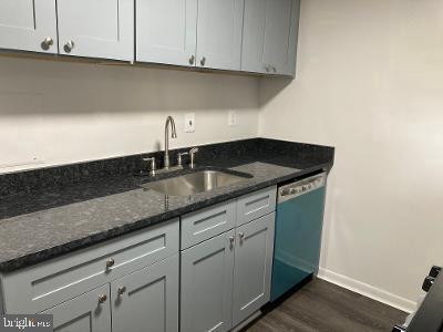 kitchen featuring dark stone countertops, sink, stainless steel dishwasher, and dark hardwood / wood-style flooring