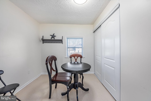 carpeted dining area featuring a textured ceiling