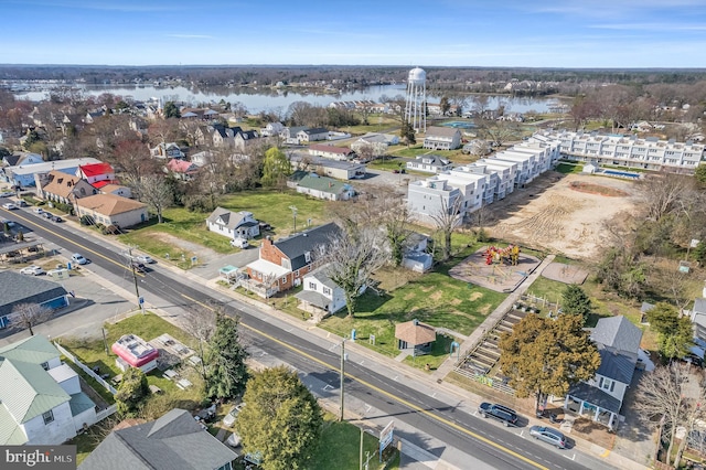 drone / aerial view featuring a water view