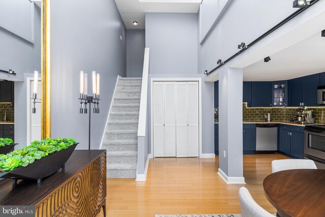 interior space featuring tasteful backsplash, light wood-type flooring, a high ceiling, stainless steel appliances, and blue cabinets