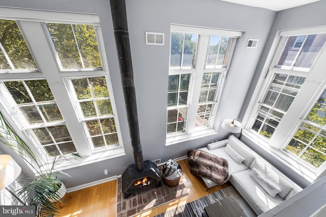 interior space featuring plenty of natural light, wood-type flooring, and a wood stove