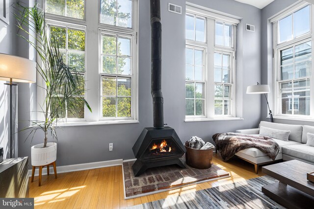 sitting room with a wood stove, wood-type flooring, and plenty of natural light