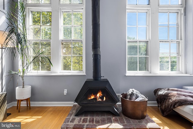 interior details featuring a wood stove and hardwood / wood-style floors