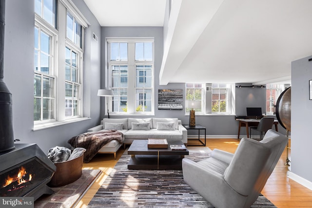 living room with plenty of natural light, hardwood / wood-style flooring, and a wood stove