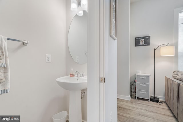 bathroom with wood-type flooring