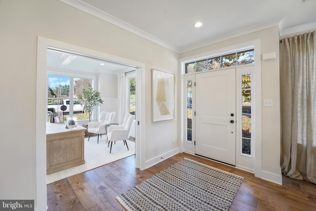 entryway featuring crown molding and dark hardwood / wood-style flooring