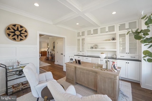 office area with crown molding, coffered ceiling, beamed ceiling, and dark hardwood / wood-style flooring