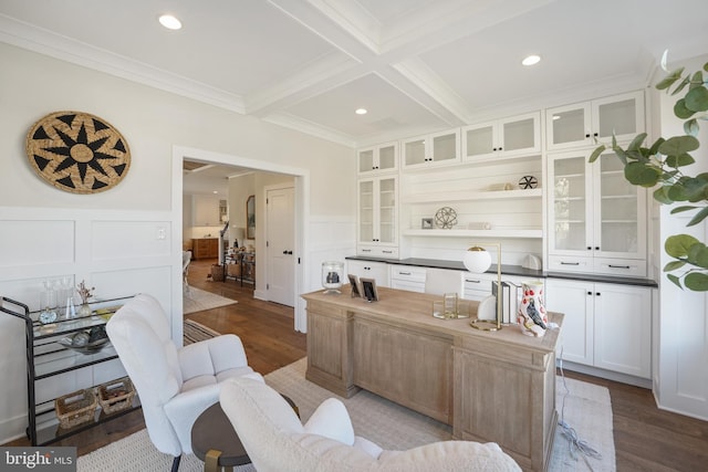 details featuring decorative backsplash, built in desk, and wood-type flooring