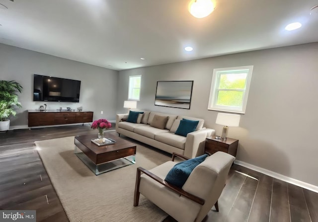 living room featuring plenty of natural light and dark hardwood / wood-style flooring