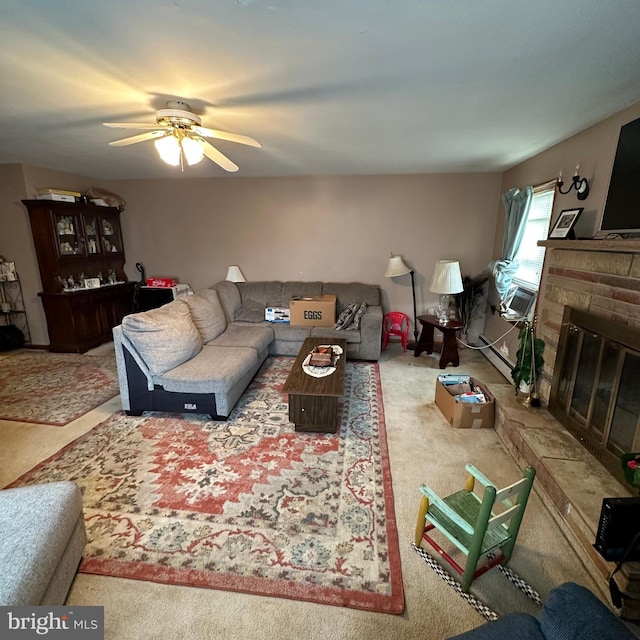 living room featuring light carpet, a brick fireplace, and ceiling fan