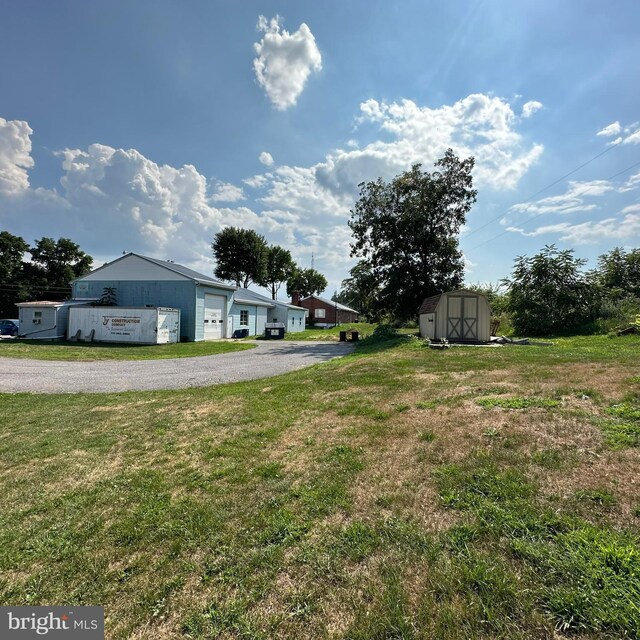 view of yard with a storage shed