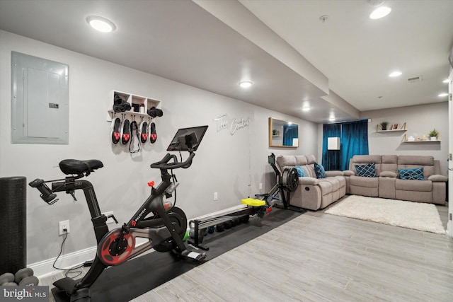 workout room with electric panel and wood-type flooring