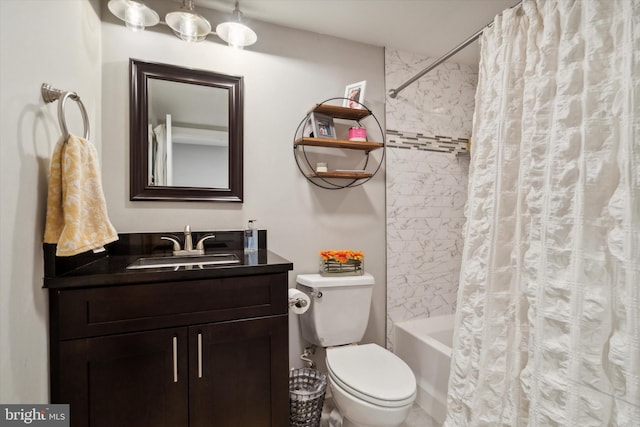 full bathroom featuring vanity, shower / bathtub combination with curtain, and toilet