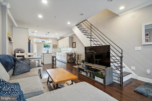 living room with sink, dark wood-type flooring, and crown molding