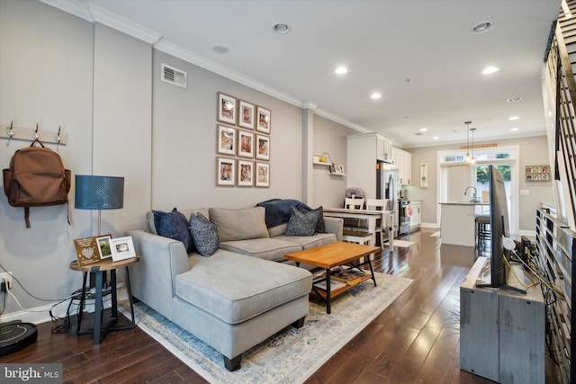 living room featuring sink, ornamental molding, and hardwood / wood-style flooring