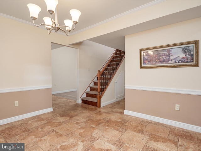 unfurnished room with ornamental molding and a chandelier