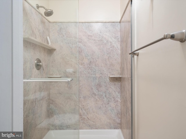 bathroom with a shower with shower door