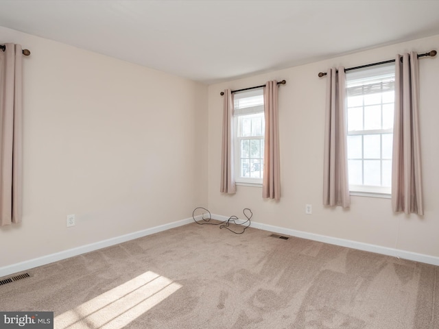 spare room featuring plenty of natural light and light colored carpet