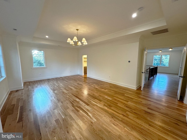 spare room with hardwood / wood-style floors, a healthy amount of sunlight, and a tray ceiling