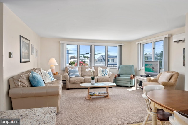 carpeted living room featuring a wall mounted air conditioner and plenty of natural light