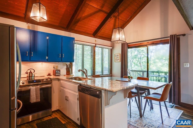 kitchen featuring wood ceiling, appliances with stainless steel finishes, and decorative light fixtures