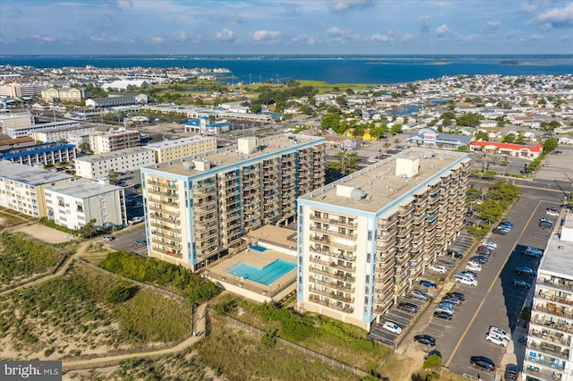 aerial view featuring a water view