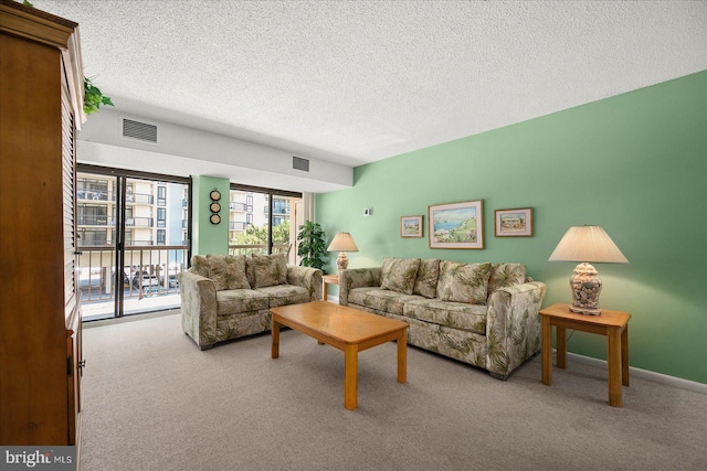 living room featuring light carpet and a textured ceiling